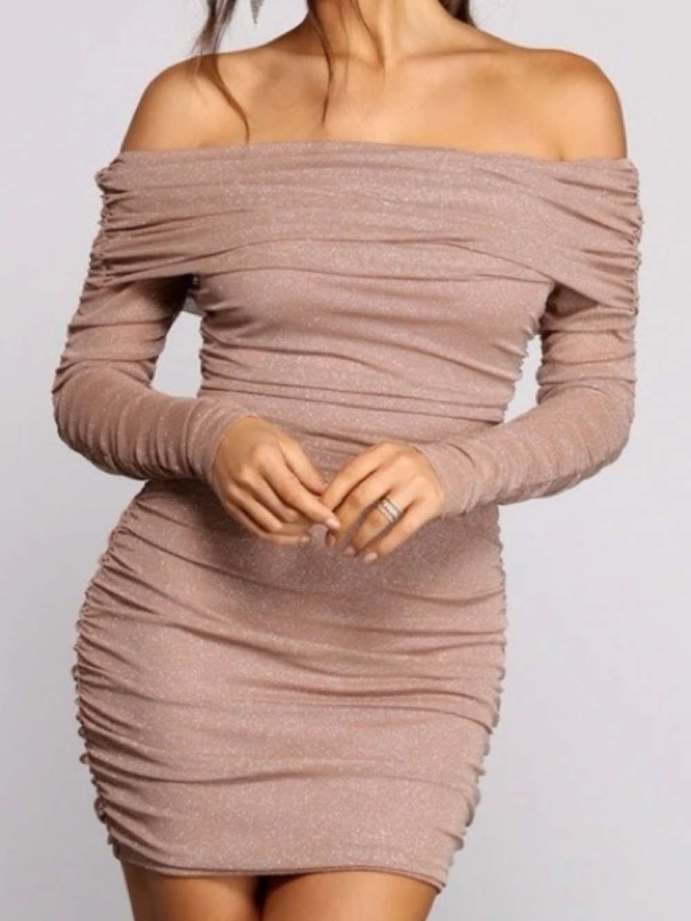 Windsor Off-Shoulder Ruched Mini Dress in Dusty Mauve